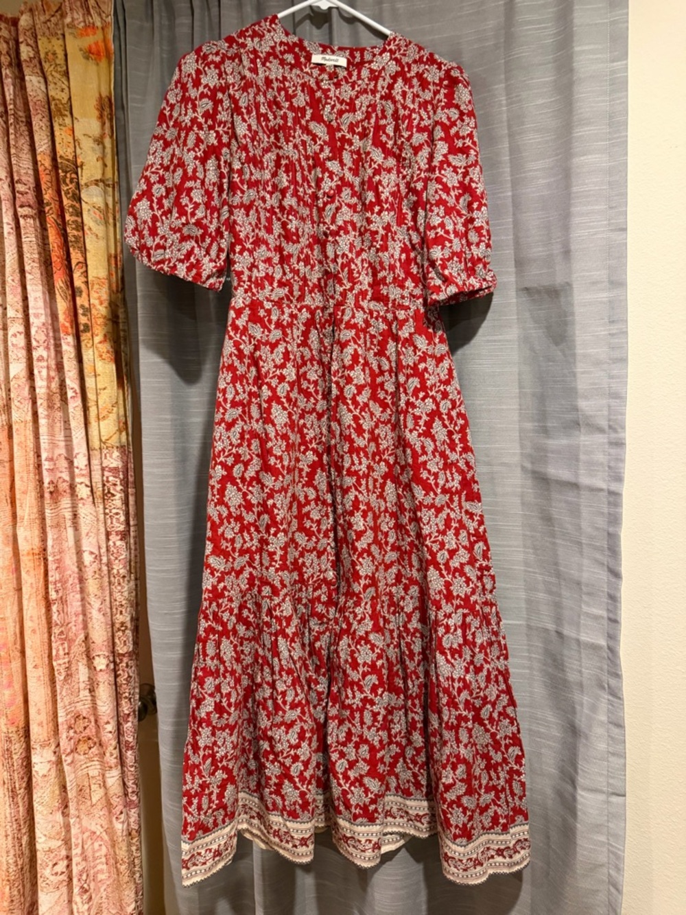 Madewell Red and White Indian block print pattern Floral Maxi Dress